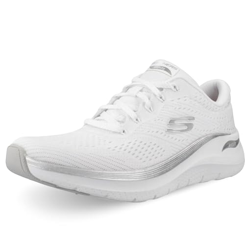 Arch Fit 2.0 Glow The Distance- Tenis para Mujer, Malla Blanca y Ribete Plateado, 38 EU