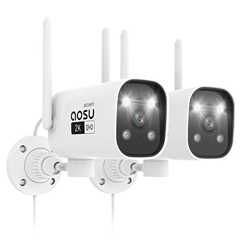 AOSU 2K Security Camera Outdoor with Color Night Vision, 2 Pack Wired Home Security Cameras Support 24/7 Recording, Auto Tracking, Voice Changer, 2 Way Audio, 2.4/5 GHz WiFi, Works with Alexa/Google