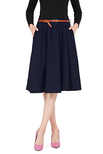 Ashir Aley Basic Flared Pleated Pockets Swing Woman' Midi Skirt with Belt(L,Navy)