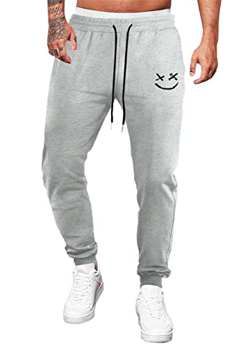 Acelitt Men\'s Athletic 2022 Gym Workout Running Drawstring Smiley Jogging Joggers Pants Sweatpants with Pockets Gray Small