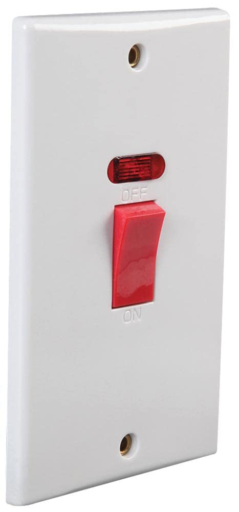 PRO ELEC 45A Double Pole Wall Switch with Neon, Double Height 1-Gang, Rounded Edge, White, 250V, BS EN 60669-1 – PEL01401
