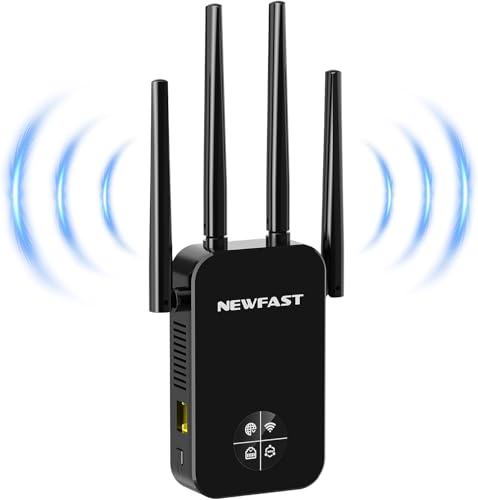 NEWFAST WLAN Amplifier, 1200 Mbps WLAN Repeater Dual-Band WiFi Extender with 4 Swivelling Antennas, WPS,MU-MIMO, Support Repeater/Router/Ap Mode for Home and Office, 1-Tip Setup, EU Plug