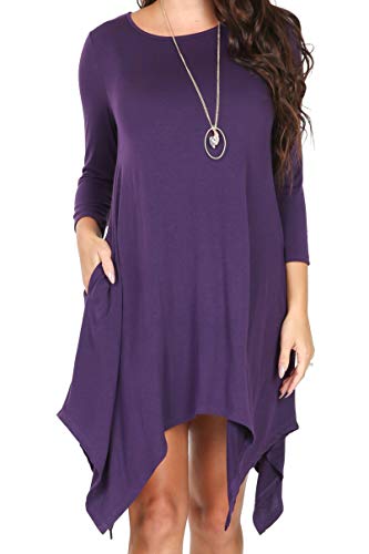 iliad USA P1136 Womens 3/4 Sleeve Hankerchief Hem Pockets Casual T-Shirt Dress Eggplant XL