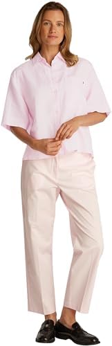 Linho Relaxado Camisa de Manga Curta Feminina, Rosa (Rosa Claro), 32