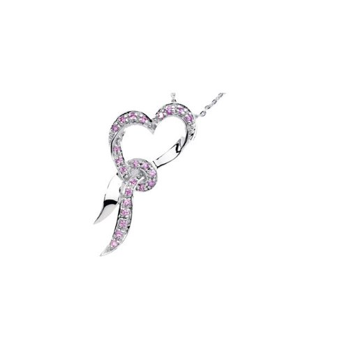 Pink Sapphire' Cherish' Rhodium Plate Sterling Silver Heart Necklace.
