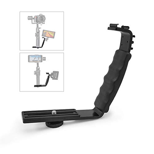 L Bracket Camera Mount, Flash Bracket with 2 Hot Shoe Mounts for Gimbal Stabilizer DSLR Camera Camcorder Video Light Microphone