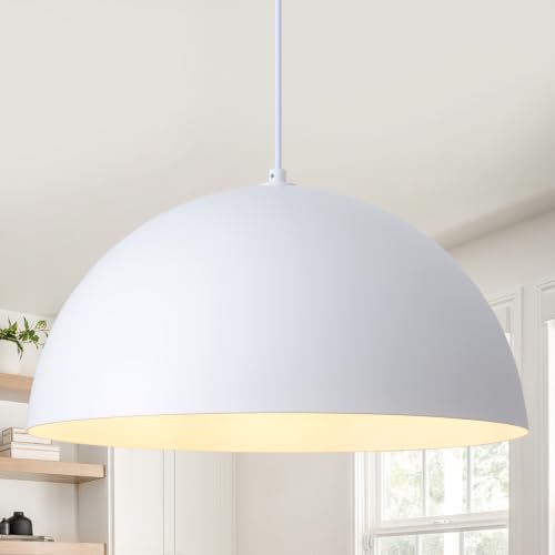 18 inch White Dome Pendant Light, Modern Farmhouse White Pendant Light, Large Pendant Lamp for Kitchen Island Dining Room Bedroom Hallway Foyer
