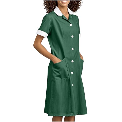 Womens Housekeeping Maid Uniform Dress Button Down
