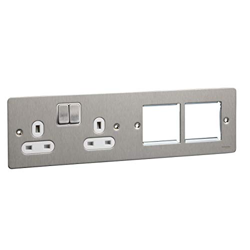 Schneider Electric Ultimate schraubenlose, geschaltete 4-Gang-Steckdose mit flacher Platte, doppelpolig, mit Kombinations-Medienplatte, GU32202DMPWSS, Edelstahl mit weißem Einsatz