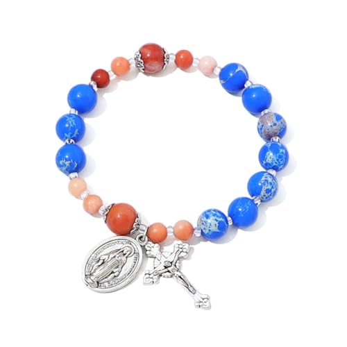 KOMI Beaded Stretch Rosary Bracelet with Crucifix and Miraculous Medal，10mm Healing Azure Emperor Stone Faith Religious Catholic Jewelry, Catholic Gifts