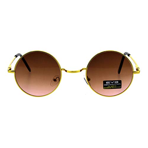 Gold Round Circle Frame Sunglasses Spring Hinge Brown Pink Ombre Lens UV 400