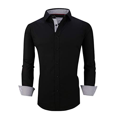 Alex Vando Mens Dress Shirts Regular Fit Long Sleeve Stretch Business Dress Shirts for Men,L19-Black,L - Thumbnail 7