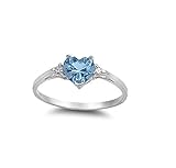 Heart Simulated Aquamarine Cubic Zirconia Ring Sterling Silver 925 (Sizes 3-15)