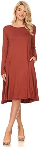 WFFS Womens Round Neck Long Sleeve Flared Pocket Dresses(DWMM002) (Large, Tobaco)