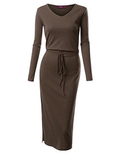 Doublju Long Sleeve Drawstring Waist V-Neck Cotton Blend Long Dress for Women with Plus Size Brown Large