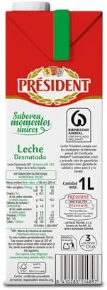 - Leche Président Desnatada, Leche Natural de Galicia, Fuente de Calcio y Proteínas, Sin Gluten, Bienestar Animal, Pack 6 x 1 L