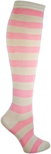 RSG Hosiery Knee High Socks For Teens & Women Solids & Patterns (Pink & White Stripe)