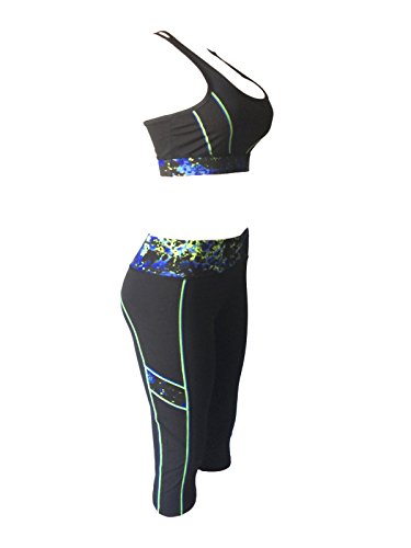 Women Gym Yoga Workout Activewear Sets Unpadded Sports Bra Top + Crop Leggings 2 Pieces Set (M/L, Neon Yellow/Blue Black Mix)