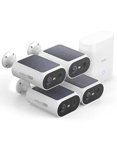 AOSU 2K Wireless Outdoor Surveillance Camera, Base+ 4 Cam, 32GB Local Storage, 3MP WiFi Solar Camera with Battery, Integrated Solar Panel, Night Vision Colour and Motion Detector