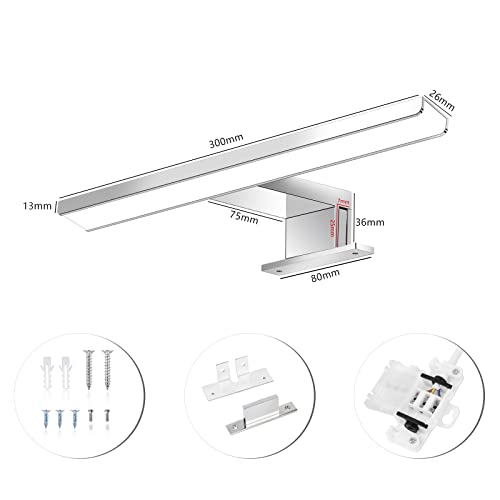 ERWEY LED Mirror Lamp 30 cm, LED Wall Lamp Cabinet Light 5 W 230 V, Cool White Light 6000 K, Wall or Furniture Mounting, IP44 Bathroom Lamp