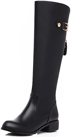 Nine Seven Genuine Leather Women's Round Toe Chunky Heel Handmade Knee High Boot