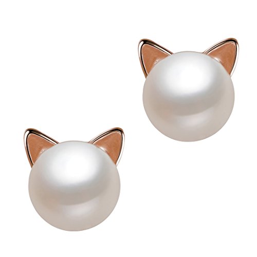 Casoty Cute Sterling Silver Freshwater Cultured Pearl Stud Earrings Cat Stud Earrings for Women Girls, Rose Gold, Mother's Day Gift