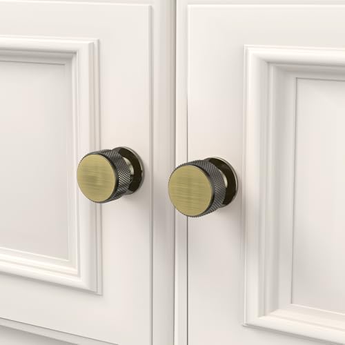 FURNIWARE Pack of 10 Knurled Cabinet Knobs, Shiny Antique Brass Cabinet Knobs, Solid Cupboard Handles with 2 Sizes Screws, Round Single Hole for Kitchen, Dresser, Wardrobe, Chest of Drawers, Furniture