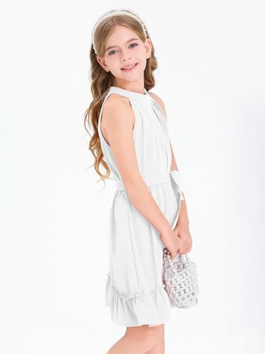 Halomoning Girl's Dress Sleeveless Simple Classic Casual Knee Length for Children Summer Princess Party Wedding Tie Waist A-Line