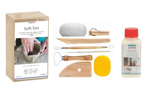 GLOREX 6 8075 299K Set for Creatives: Soft Clay 2500 g in White, Air-Hardening or Flammable, 100 ml Clay Sealing and an 8-Piece Set with Durable Modelling Tool