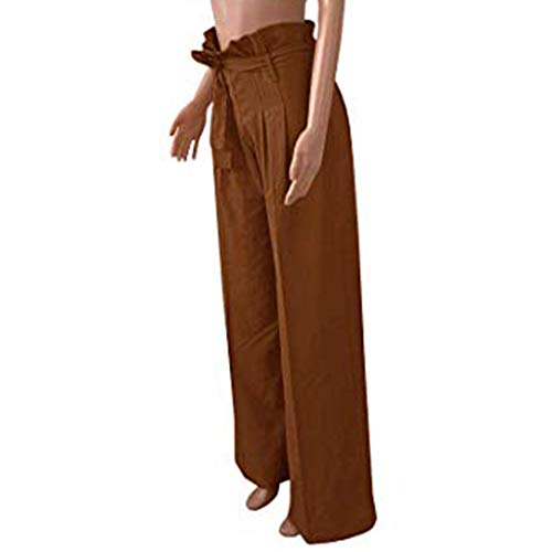 Pervobs Womens Comfy Chic Palazzo Lounge Pant Casual Paper Bag Pants Elastic Waist Pockets Wide Leg Pant Trouser(L, Z01-Coffee)