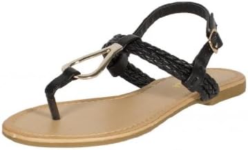 RCK Bella Womens Afreda-5 T Strap Braided Slingback Flat Sandal with Gold Metal Decoration, black leatherette, 9 M US