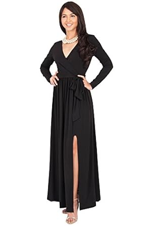 KOH KOH Womens Long Sleeve V-Neck Cross Over High Slit Cocktail Evening Gown Maxi Dress