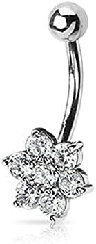 14K White Gold Clear CZ Flower Navel Ring