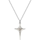 Lucky Four-Pointed Stars with Cubic Zirconia Pendant Necklace for Women Men Minimalist Silver Crystal Starbursts Charm Adjustable Link Chain Choker Birthday Y2k Jewelry Aesthetic Creative Gift
