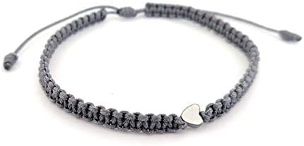 Handmade String Macrame Bracelet with Hematite Heart Charm, Gray