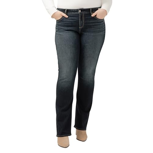 Silver Jeans Co. Women’s Plus Size Elyse Mid Rise Comfort Fit Slim Bootcut Jeans, Dark Wash EDB423