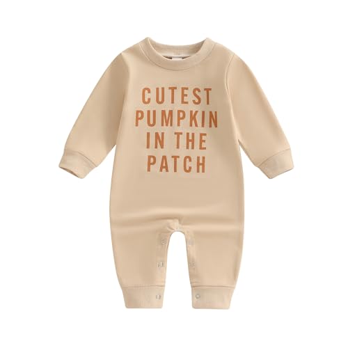 MoZiKQin Baby Halloween Outfit Boy Girl Pumpkin Patch Romper Jumpsuit Long Sleeve Playsuit Newborn Fall Winter Clothes (Pumpkin Patch-Khaki, 12-18 Months) at Amazon