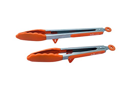 N2Living Tongs, Heavy Duty Standing Silicon-Tipped Stainless Steel Cooking Tongs (Orange) - Perfect Tongs For Nonstick Cookware, BBQs And Salad, 2 Pack Includes 9-inch And 12-inch Tongs