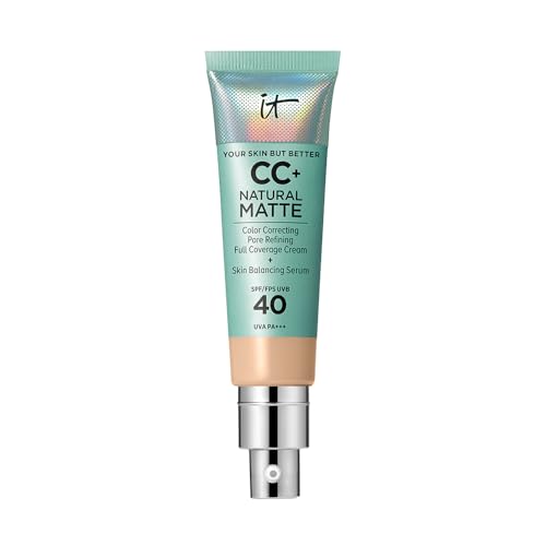 IT Cosmetics Full Coverage Foundation, Natural Matte, Made with Hyaluronic Acid, SPF 40 Protection, Your Skin But Better CC+, Shade: Light, 32ml