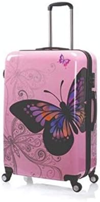 Butterfly Print Design Hard Shell 4 Wheel Spinner SUITCASES Trolley Luggage Cabin Travel Set 3 Sizes (Pink, Large 28")