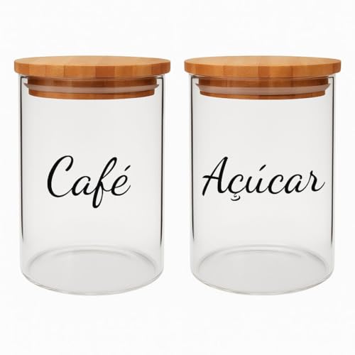 Potes Herméticos de Vidro com Tampa de Bambu 1200ml Conjunto com 2 Unidades para Café e Açúcar Transparente