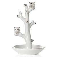 Beth Marie Luxury Boutique Owl Ring Holder Tree Dish, White with Real 24K Gold Plating, Ceramic Engagement & Wedding Ring Holder