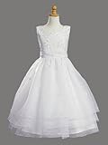 White Sleeveless Embroidered Organza Communion Dress with Pearled Accented Bodice
