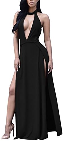 Women Open Chest Halter Backless Sleeveless High Split Cocktail Party Maxi Long Dress