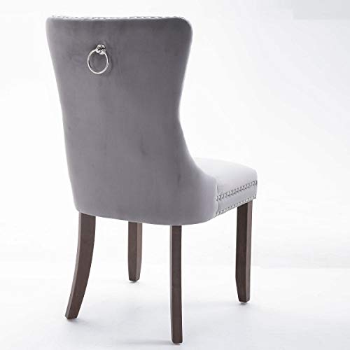 Rhomtree Velvet Fabric Dining Chairs Luxury Tufted Back with Nailed Trim and Back Ring Pull Home Kitchen Dining Room Chairs Armless Side Chairs Solid Rubber Wood Legs, Set of 2 (Grey)