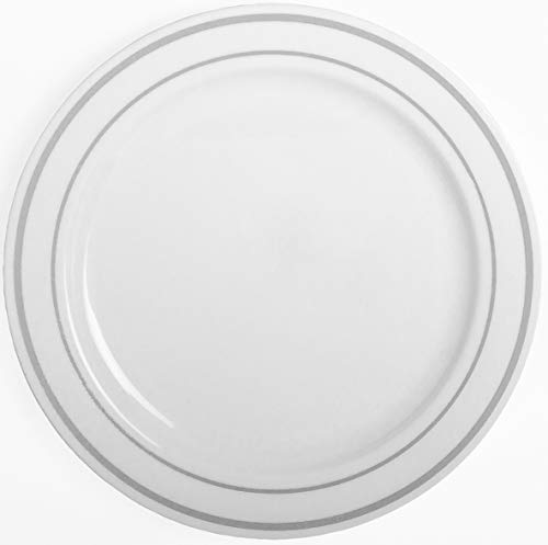 Party Joy 50-Piece Salad Set | Silver Lines Collection | Heavy Duty Premium Plastic Plates for Wedding, Parties, Camping & More, White, 7.5",