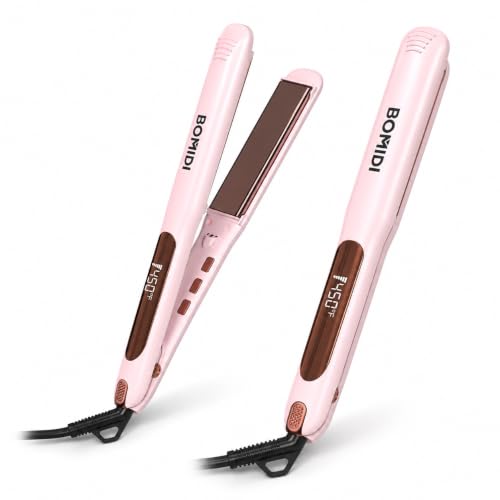 Plancha Para Cabello Profesional, BOMIDI Planchas 2 en 1 Alisado Y Rizador 130-230℃ Preciso Calentamiento Rápido Con Pantalla LCD Digital, Iones Negativos Doble Voltaje Adecuado Para Viajar