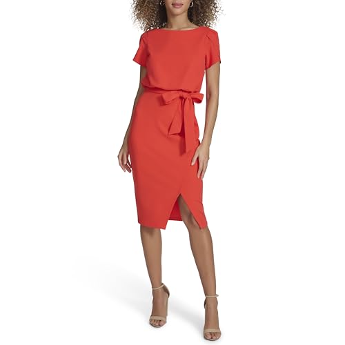 Kensie Women’s Short Sleeve Tie Waist Midi Dress, Hot Coral, 6