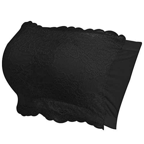 Plusfeel Strapless Lace Bra, Seamless Tube Top Bandeau Bralette Bra Wirefree for Women, Lace Black&Nude, 2 Pack, Large
