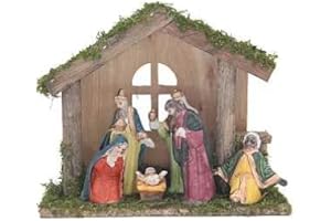 Rocky Mountain Goods 6 Piece Porcelain Nativity Set with Wood Stable - for Christmas Indoor Nativity Set - Baby Jesus, Mary, Joseph, 3 Wisemen - 8” x 7” Stable